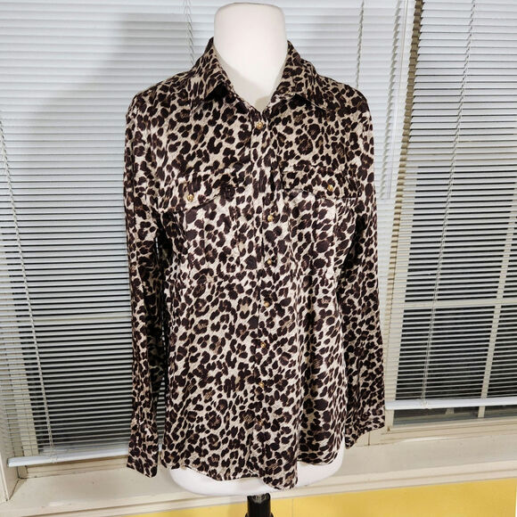 Charter Club 12 $95 Beige Cheetah Animal Print Satin Button Up Blouse - Picture 1 of 10